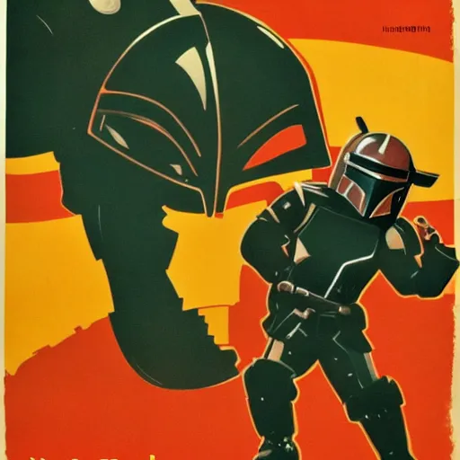 Prompt: soviet propaganda poster of the mandalorian and baby grogu