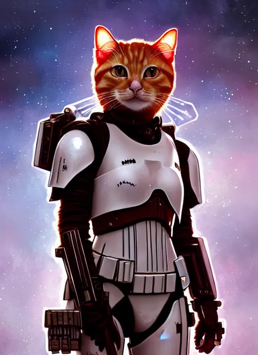 Prompt: a ginger cat in stormtrooper armour, star wars, beautiful glowing lights, sci - fi, stunning, intricate, elegant. highly detailed, digital painting. artstation. smooth. sharp focus. illustration. art by artgerm and greg rutkowski and alphonse mucha