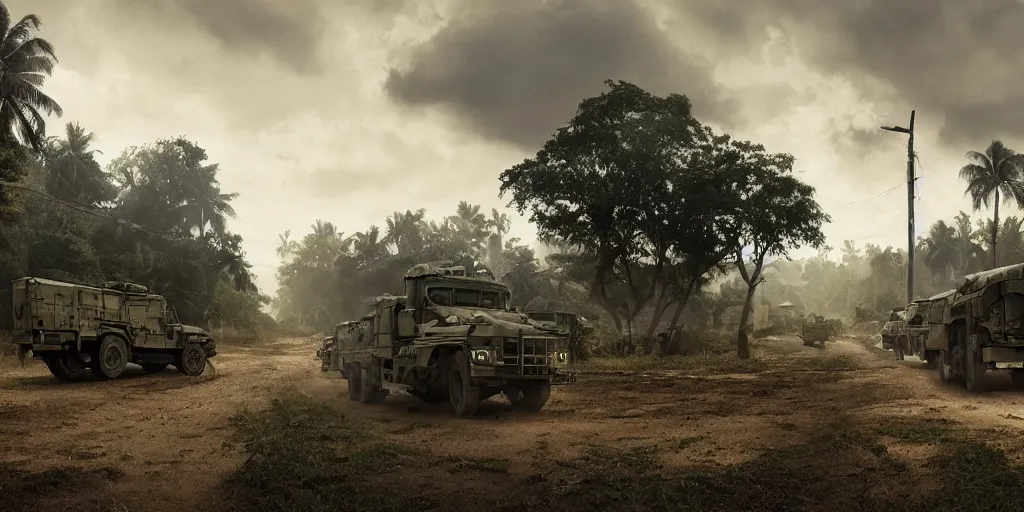 Image similar to kerala village countryside, militarised vehicles moving through, beautiful dynamic lighting, cinematic, wide angle establishing shot, extremely high detail, photo realistic, cinematic lighting, post processed, artstation, matte painting, style by eddie mendoza, raphael lacoste, alex ross, volumetric lighting, light rays, photorealistic, ultrarealistic, moody, coronarender, 8k