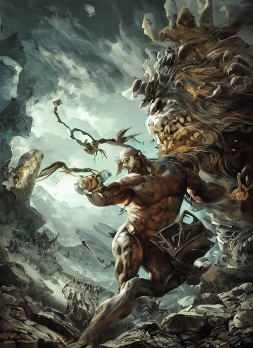 Image similar to An epic fantastic atmospheric comic book style painting of a polished stone sculpture of ancient gods battling over the Earth, fisheye lens, atmospheric, concept art, saturation 8，DAZ, dynamic lighting