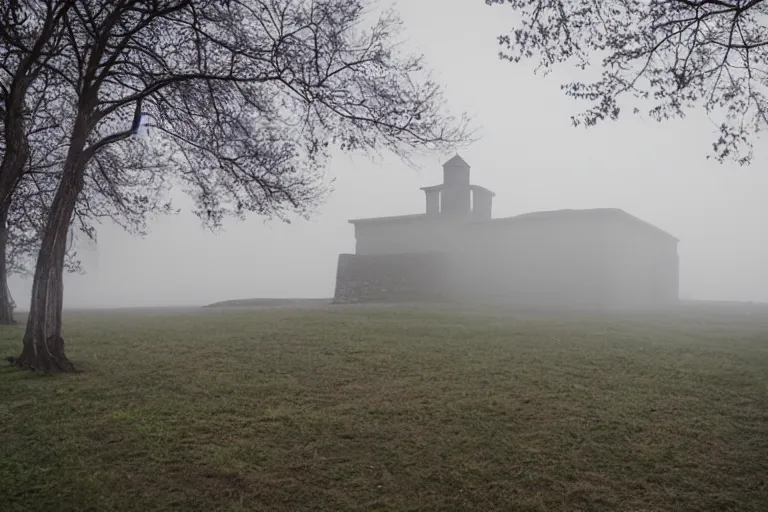 Prompt: low angle wideshot of Suomenlinna, early morning, mist, breathtaking polaroid photo,