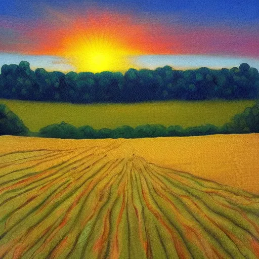 Image similar to a landscape of fields and the sun going down art by Criswell Debbie