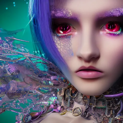 Image similar to Ethereal, mysterious stunning maximalist mesmerizing cyberpunk girl named Claire Boucher from the rainbow sky paradise, high-tech, professional high fashion model photo shoot, hyperdetailed by Mark Ryden and artgerm and Hiroyuki-Mitsume Takahashi, close-up 35mm macro shot, hyperrealism, 8k resolution 3D, cinematic, dynamic lighting, octane render, unreal engine 5