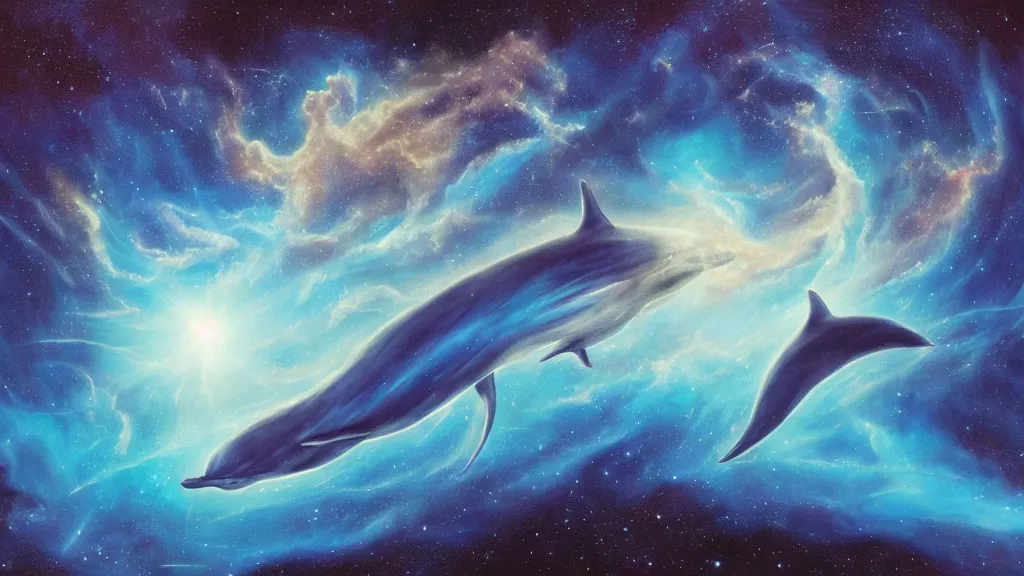 Image similar to Ethereal blue fire whale and dolphins flying through a nebula, Sirius star system, star dust, cosmic, magical, shiny, glow,cosmos, galaxies, stars, outer space, stunning, by andreas rocha and john howe, and Martin Johnson Heade, featured on artstation, featured on behance, golden ratio, ultrawide angle, hyper detailed, photorealistic, epic composition, wide angle, f32, well composed, UE5, 8k