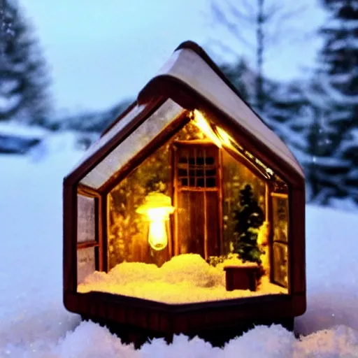 Prompt: a tiny wooden cottage with warm lights in the snow inside a terrarium bottle.