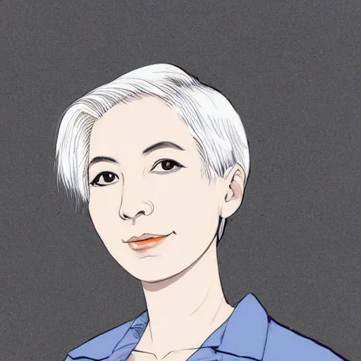 Prompt: portrait of a woman with short white hair, medium shot, illustration, by hiromu arakawa