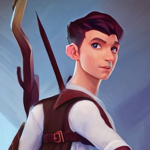 Image similar to Portrait of Josh Brolyn as a male elf ranger, pointy ears, brown long hair, no beard, inquisitive look, perfect facial symettry, mattepainting concept Blizzard pixar maya engine on stylized background splash comics global illumination lighting artstation lois van baarle, ilya kuvshinov, rossdraws