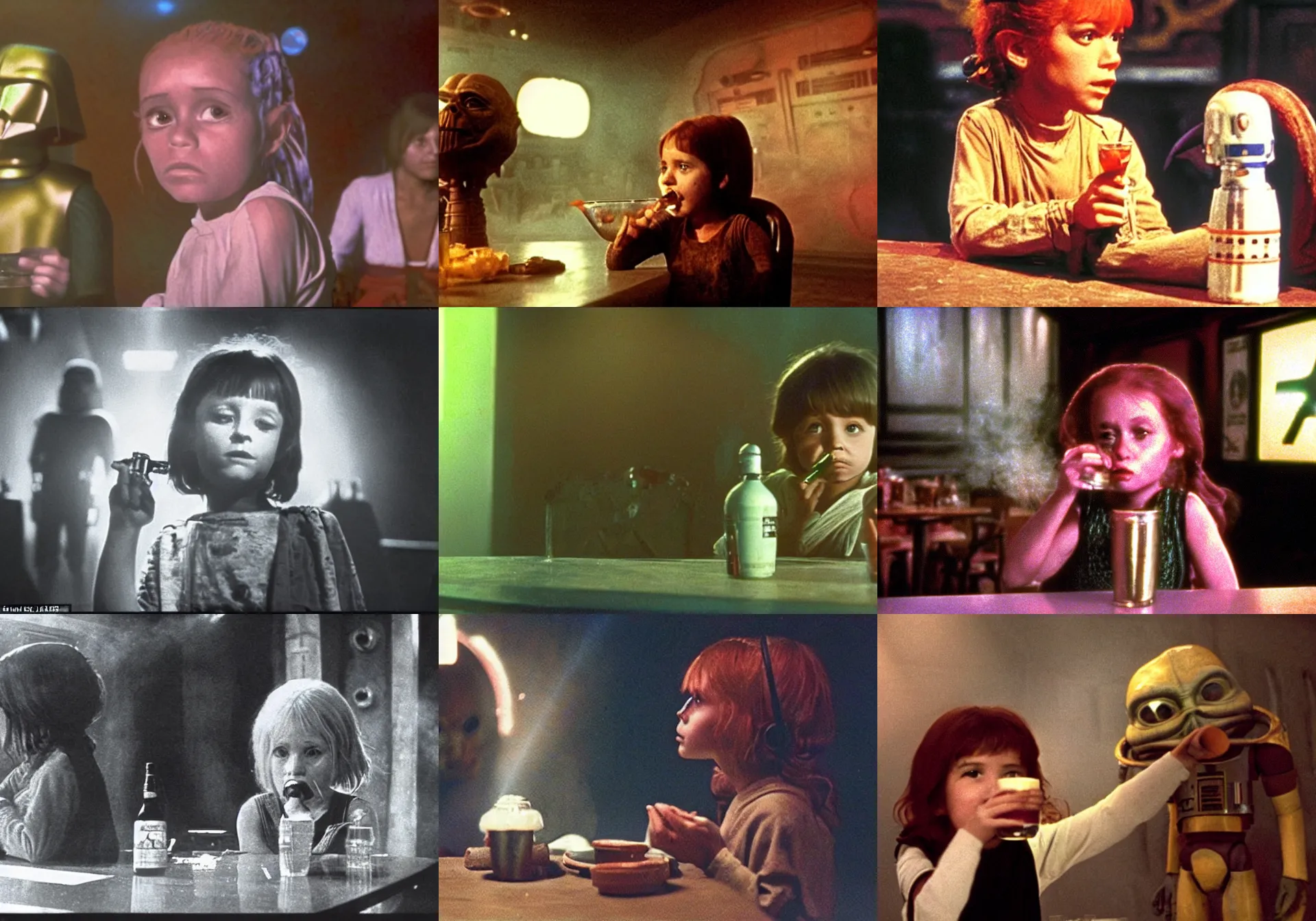 Prompt: A long-shot, color cinema film still of a little girl drinking alcohol in the Mos Eisley's Tavern, Two aliens around, misty, studio lighting; from Star Wars(1977)