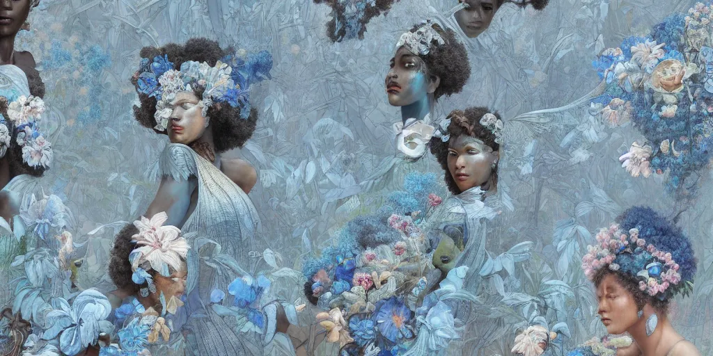 Image similar to breathtaking detailed concept art painting art deco pattern of afro faces goddesses amalmation light - blue flowers with anxious piercing eyes and blend of flowers and birds, by hsiao - ron cheng and john james audubon, bizarre compositions, exquisite detail, extremely moody lighting, 8 k