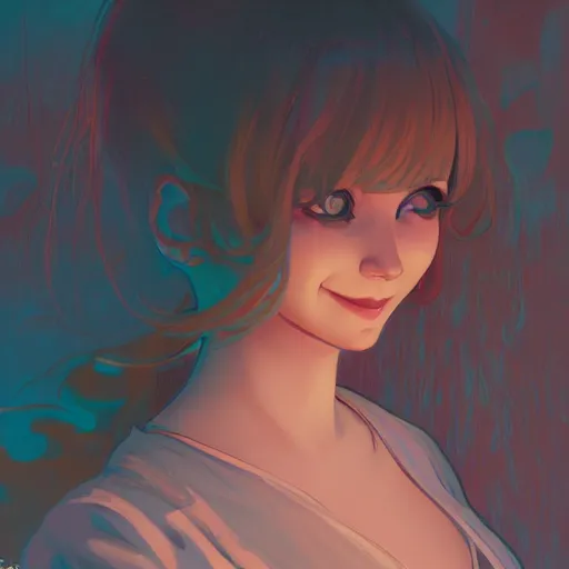 Image similar to a sweet beautiful girl, she is looking at the camera, she is smirking, ambient lighting, 4 k, lois van baarle, ilya kuvshinov, rossdraws, alphonse mucha, jung gi kim, artstation