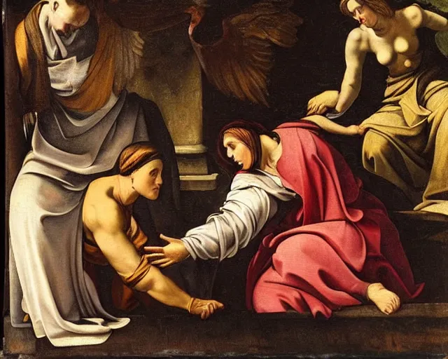 Image similar to 1 7 th century painting of 3 women mourning at the tomb of jesus, fibonacci, 2 angels pointing to the tomb, dramatic light, caravaggio, rubens