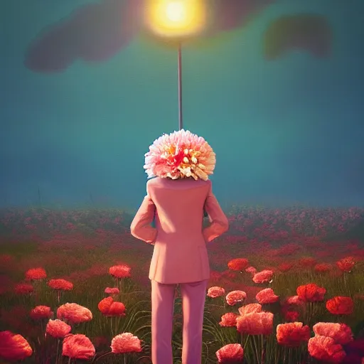 Image similar to giant carnation flower head, frontal, girl in a suit, surreal photography, sunrise, dramatic light, impressionist painting, digital painting, artstation, simon stalenhag