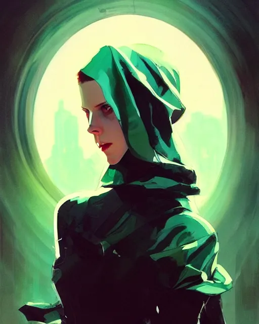 Prompt: Joshua Middleton comic art, Jeremy Mann art, artgerm, Mandy Jurgens art, cinematics lighting, beautiful Anna Kendrick supervillain, green dress with a black hood, angry, symmetrical face, Symmetrical eyes, full body, flying in the air over city, night time, red mood in background