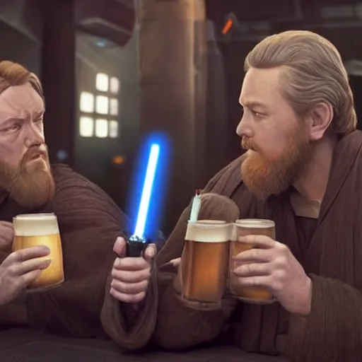 Image similar to star wars palpatine and obi wan drin beer in a sci - fi bar, movie still, screenshot, photorealistic painting, fanart, highly detailed