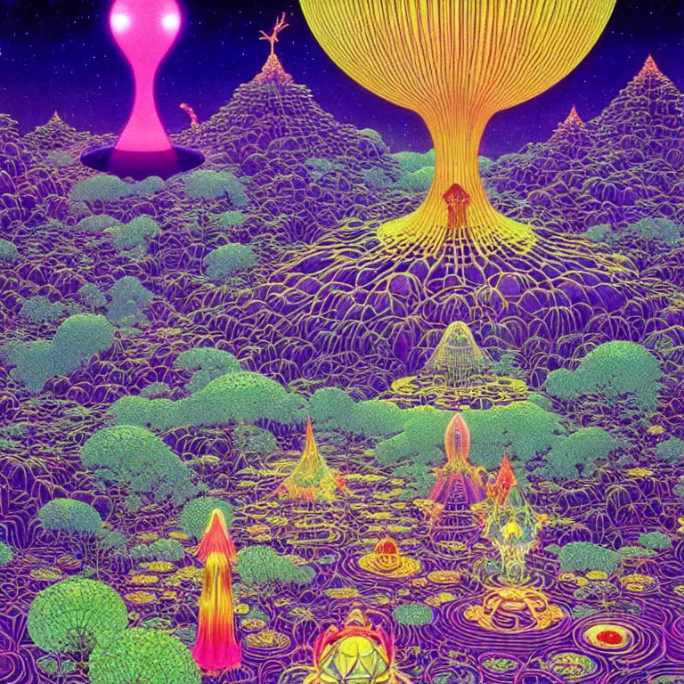 Image similar to mysterious ufo hovering over magical crystal temple, bright neon colors, highly detailed, cinematic, hiroo isono, tim white, philippe druillet, roger dean, lisa frank, aubrey beardsley, ernst haeckel