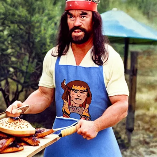 Prompt: candid photo of conan the barbarian flipping burger on a barbecue. he is wearing an apron with unicorn drawing, and a tutu. photo by annie leibovitz