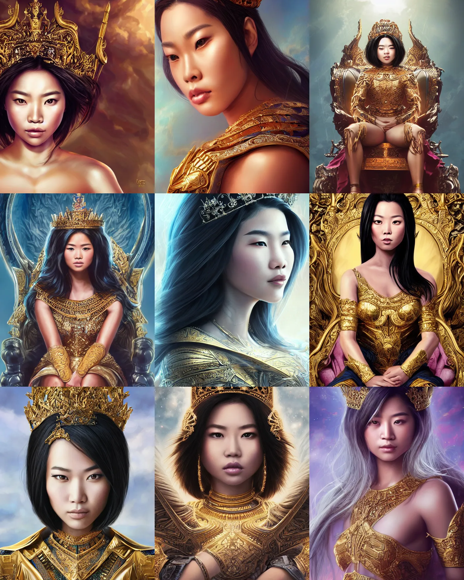 Prompt: closeup portrait of a strong fierce beautiful young asian queen with medium length hair, sitting on her throne, ruler of the universe in the future year 3 0 0 0, highly detailed, intricate, elegant, hyperrealism, digital art by ross tran and artgerm and greg rutkwowski and wlop, 8 k hd