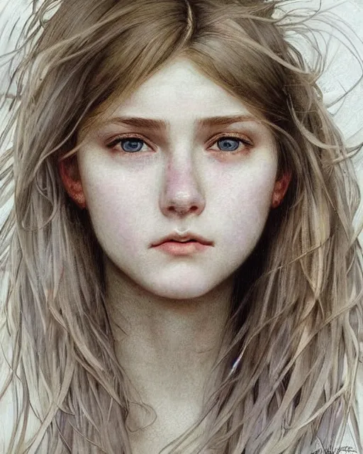 Image similar to portrait of 1 6 - year - old woman with dirty blonde hair down to her waist, pale eyebrows and protuberant silver eyes, wearing white shirt, hyper realistic face, beautiful eyes, close up, fantasy art, in the style of greg rutkowski, intricate, alphonse mucha, hyper detailed, smooth