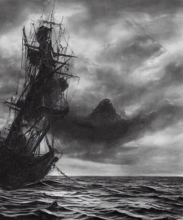 Image similar to realistic photo of a 1 9 2 5 seiner sailing near a small tropical skull shaped island, dark, brooding, atmospheric, lovecraft, horror, smooth, epic, highly detailed, cinematic, by clyde caldwell