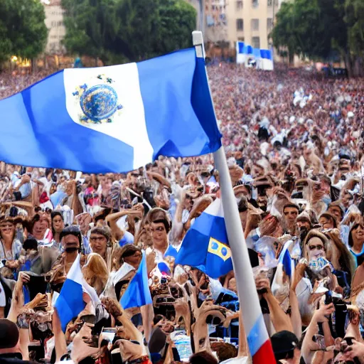 Image similar to Lady Gaga as president, Argentina presidential rally, Argentine flags behind, bokeh, giving a speech, detailed face, Argentina