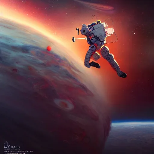 Image similar to burning astronaut falling through the majestic clouds of jupiter, by cedric peyravernay and feng zhu, highly detailed, excellent composition, cinematic concept art, dramatic lighting, trending on artstation