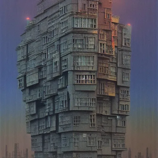 Image similar to a painting of a strange looking building with a lot of windows, cyberpunk art by Zdzisław Beksiński, cgsociety, pop surrealism, steampunk, sci-fi, dystopian art