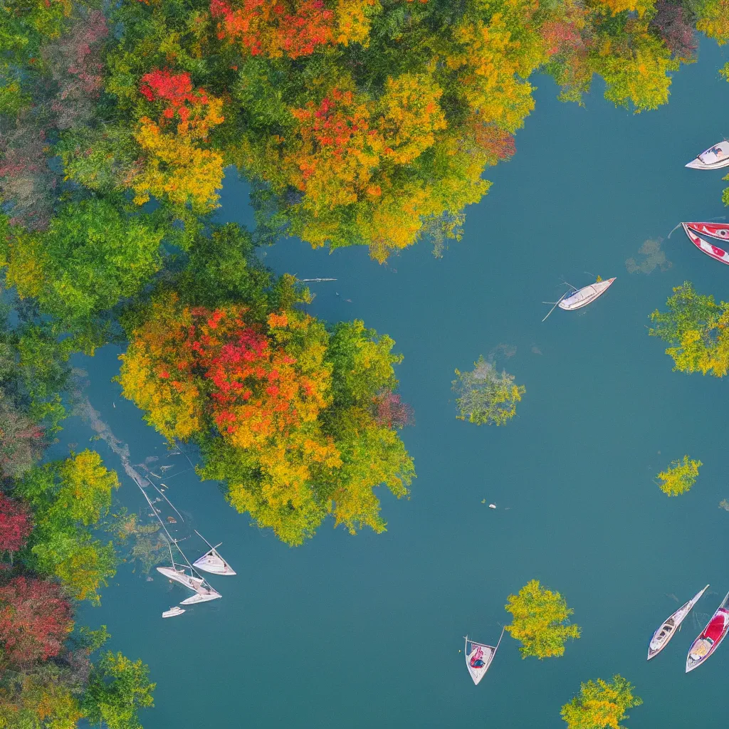 Image similar to ariel view of lake, silver cloud reflections, boats, colourful august foliage, very detailed, 4 k, professional photography