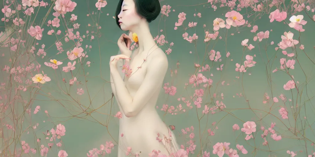 Image similar to breathtaking delicate detailed concept art painting pattern blend of flowers and girls, by hsiao - ron cheng, bizarre compositions, exquisite detail, pastel colors, 8 k