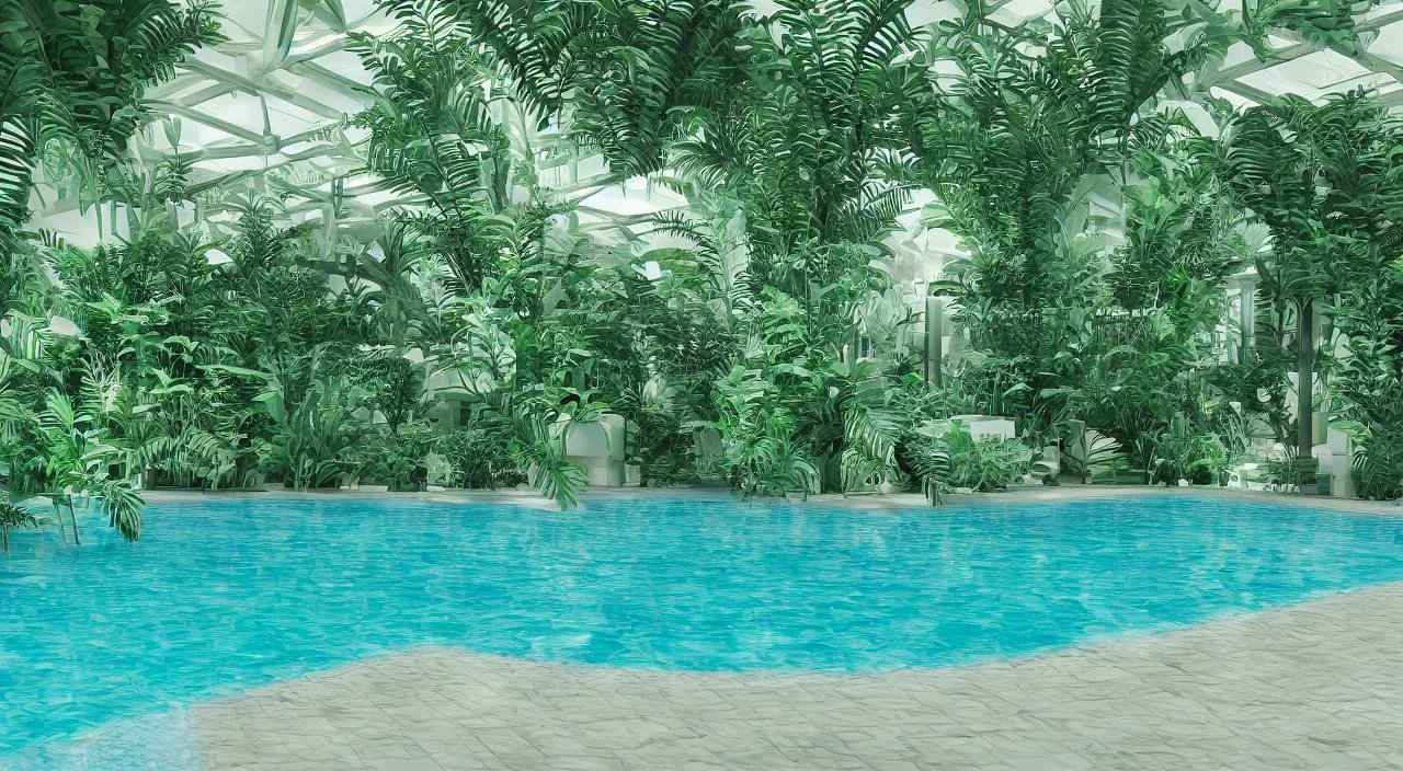 Image similar to 3d render of indoor pool with ferns and palm trees, pool tubes, chromatic abberation, depth of field, 80s photo,
