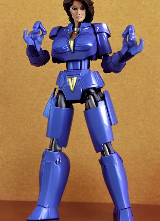 Image similar to transformers decepticon 1 9 7 7 lynda carter action figure from transformers : kingdom, pvc figurine, symmetrical details, gunpla, android, robot girl, by hasbro, takaratomy, tfwiki. net photography, product photography, official media