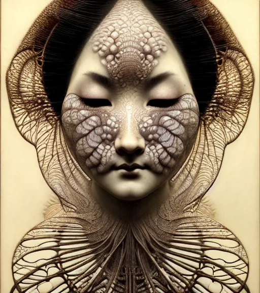 Image similar to detailed realistic beautiful geisha face portrait by jean delville, gustave dore, iris van herpen and marco mazzoni, art forms of nature by ernst haeckel, art nouveau, symbolist, visionary, gothic, neo - gothic, pre - raphaelite, fractal lace, intricate alien botanicals, ai biodiversity, surreality, hyperdetailed ultrasharp octane render