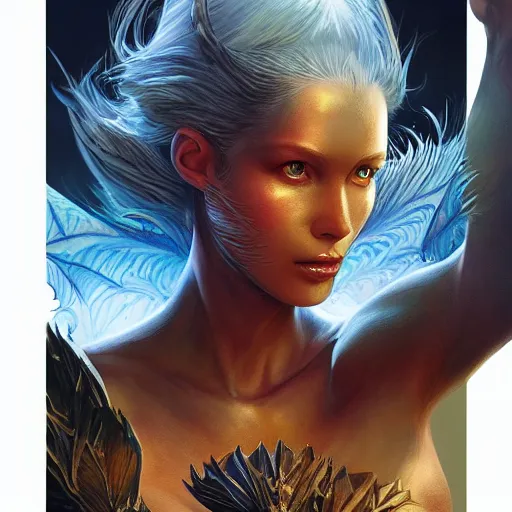 Image similar to photo of a beautiful female dragon, anthropomorphic, sharp focus, illustration, ultra real, masterpiece, glowing holy aura by magali villeneuve and stanley artgerm lau, wlop,