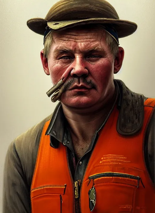 Image similar to a russian railroad electrician!!!, male!!, wearing orange vest!!, siberia!!, portrait, dirty, fat, ugly, intricate, elegant, highly detailed, digital painting, artstation, concept art, wallpaper, smooth, sharp focus, illustration, art by artgerm and greg rutkowski and alphonse mucha