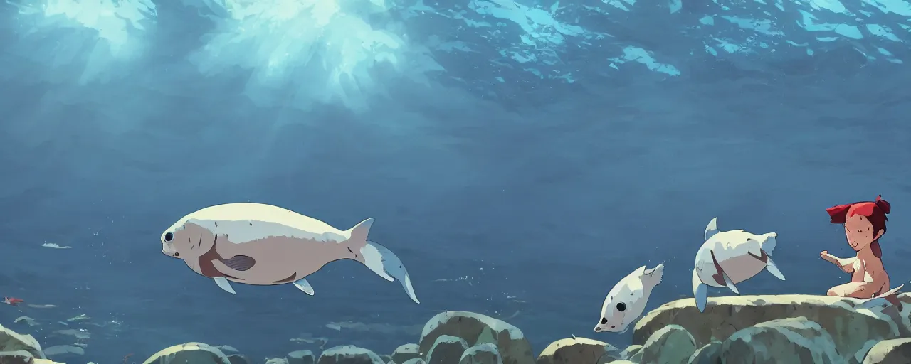 Image similar to piranhas eating a baby harp seal in a tropical river, atey ghailan, goro fujita, studio ghibli, rim light, dark lighting, clear focus, very coherent