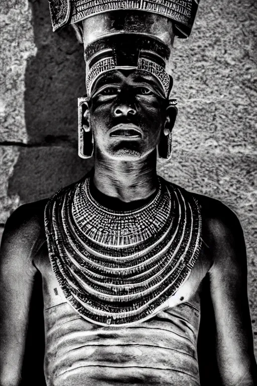 Image similar to a dramatic hero portrait of an ancient nubian temple guard in old egypt. photography photo art. cover of national geographic magazine