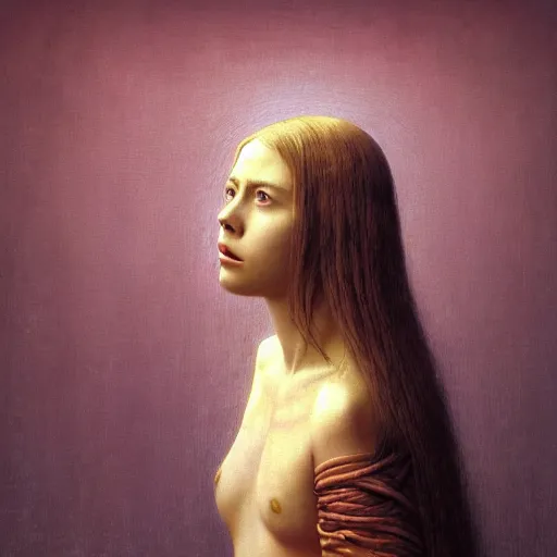 Image similar to Woman masterpiece, portrait, Avril Lavigne, pink, golden halo behind her head, wires, lines, by Edgar Maxence and Ross Tran, Zdzisław Beksiński, and Michael Whelan, distant, gustav dore, H.R. Giger, 8k, octane render