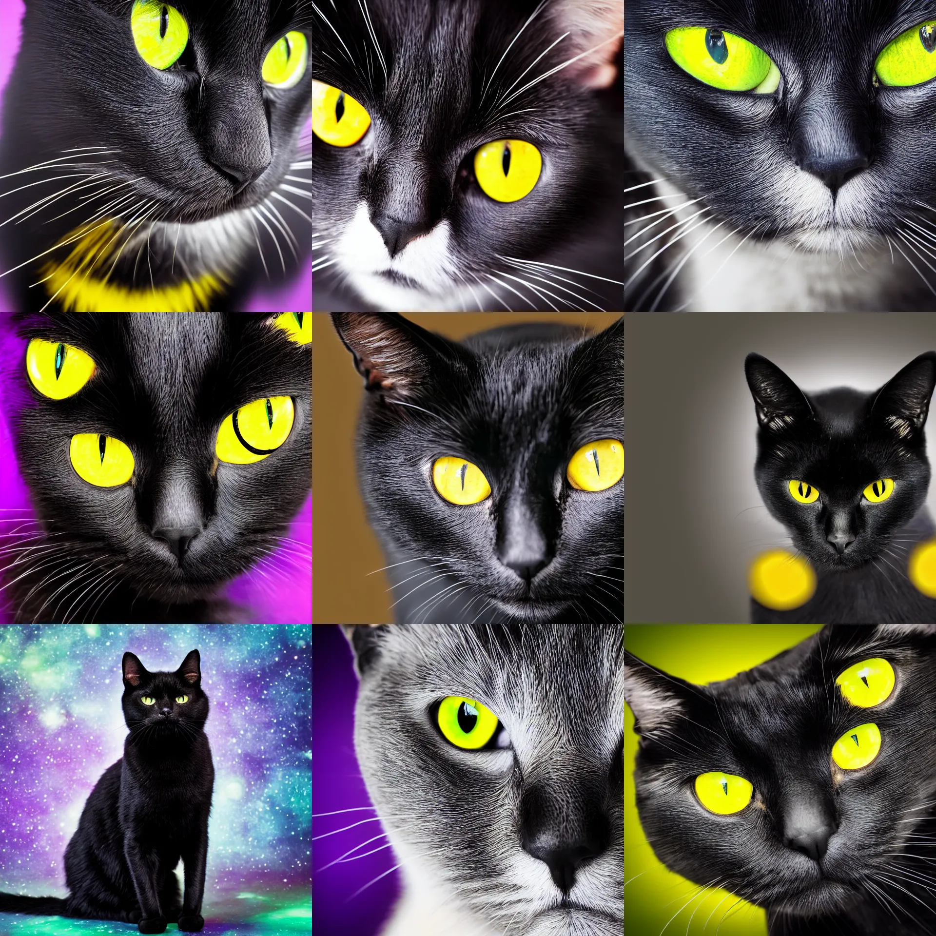 Prompt: photograph of a black cat with deep yellow eyes staring at you, green and purple studio lighting, on a galaxy looking background