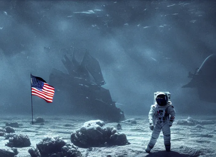 Image similar to astronaut holding a flag in an underwater desert. a submarine is visible in the distance. dark, concept art, cinematic, dramatic, atmospheric, 8 k, trending on artstation, blue, fish, low visibility, fog, ocean floor, christopher nolan, interstellar