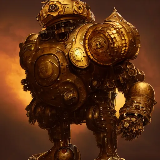 Prompt: a Steam powered mechanical golem in golden plate armoring, forward facing angle, concept art, character design, stunning 3d render , art by Tooth Wu and justin gerard and Blizzard studios, 8k octane beautifully detailed render, post-processing, extremely hyperdetailed, intricate complexity, epic composition, grim yet sparkling atmosphere, masterpiece, trending on artstation