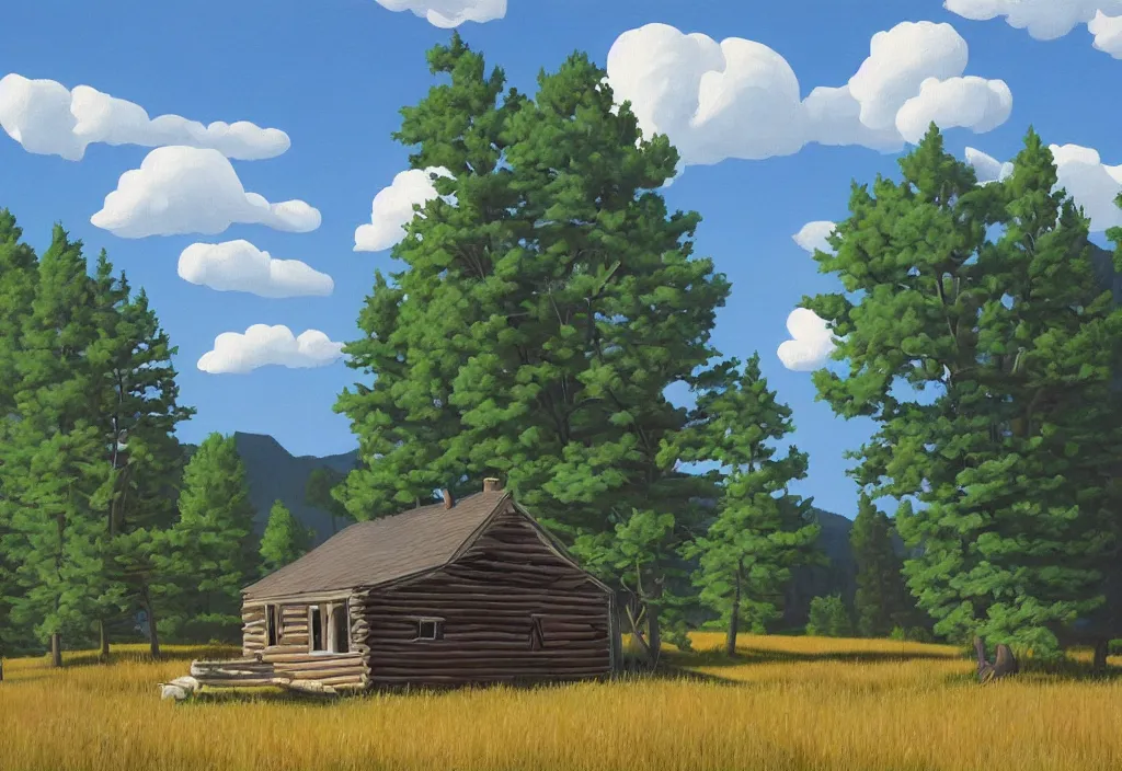 Prompt: a landscape painting of an old wooden hunters cabin in the woods, painting by kenton nelson, partly cloudy blue skies