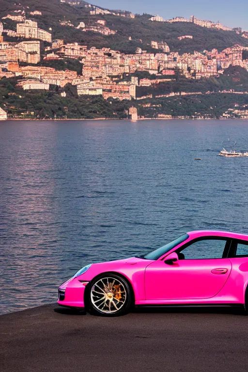 Prompt: Photo of a pink Porsche 911 Carrera 3.2 parked on a dock with Lake Como in the background, wide shot, photo print, golden hour, daylight, vibrant, dramatic lighting, award winning