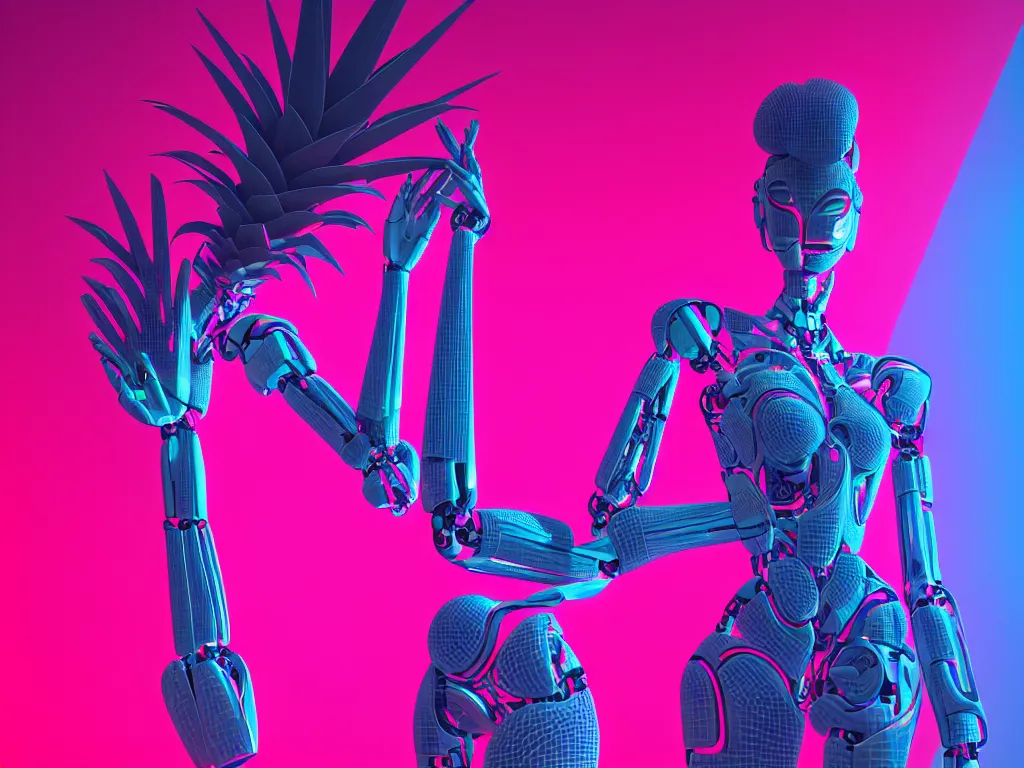 Image similar to beautiful tall female robot printed with red and black 3 d geometrical neon facing a doorway opening with neon pink geometric fractal light + a portal to a vaporwave world, flowering pineapples, transcendent, clean linework, dramatic, finely detailed, 4 k, trending on artstation, photorealistic, volumetric lighting, octane render