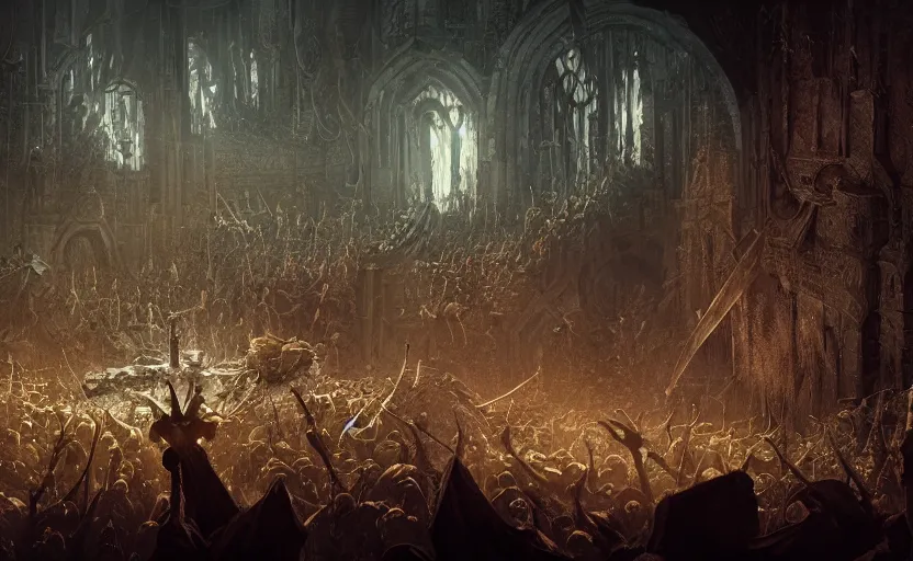 Image similar to a dark metal band performing in a castle with a battle mosh pit of werewolves and vampires, moebius, greg rutkowski, zabrocki, karlkka, jayison devadas, phuoc quan, trending on artstation, 8 k, ultra wide angle, video game graphics, realistic art, zenith view, cyberpunk pincushion lens effect