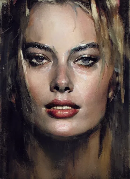 Image similar to portrait painting of margot robbie by jeremy mann, only one head single portrait