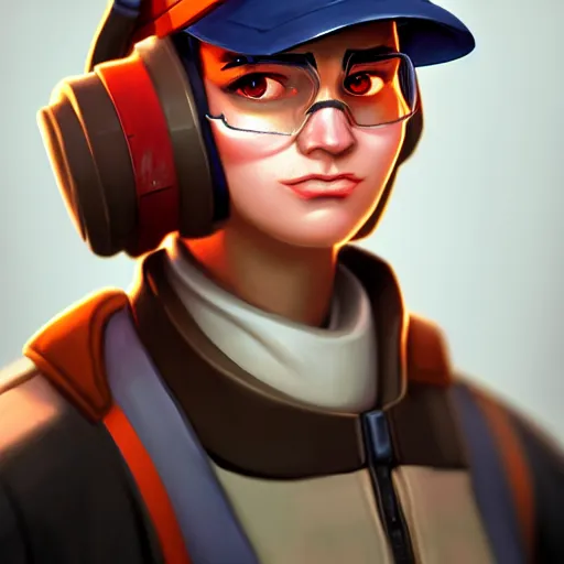 Image similar to beautiful digital painting portrait of engineer from team fortress 2 by valve as a woman, 4 k, 8 k, hd, high resolution, highly detailed, intricate detail, ultra realistic faces, digital art, trending on artstation, team fortress 2