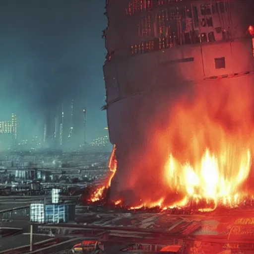 Prompt: a cyberpunk imagining of the hindenburg burning to the ground