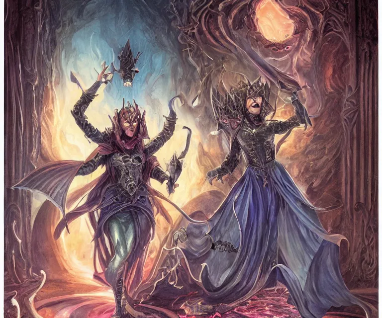 Prompt: sorceress summoning the infernal bat, near ancient ornate alchemic door, mtg illustration by zoltan boros