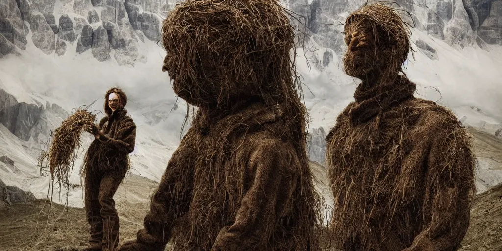 Image similar to alpine farmer transforming into a monster ,roots and hay coat, dolomites in background, dark, eerie, despair, portrait photography, artstation, digital art, concept art, artstation, highly detailed, sharp focus, by caravaggio