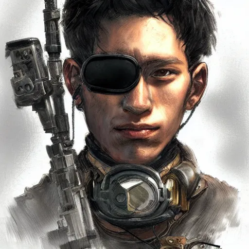 Image similar to portrait of a man by ayami kojima, black, french, he is about 2 0 years old, short black hair, annoyed older brother vibes, he is wearing a steampunk tactical gear, highly detailed portrait, digital painting, artstation, concept art, smooth, sharp foccus ilustration, artstation hq