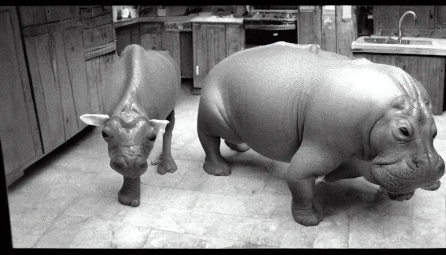 Image similar to a hippopotamus in a kitchen, by mini dv camera, very very low quality, heavy grain, very blurry, accidental flash, webcam footage, found footage, security cam, caught on trail cam